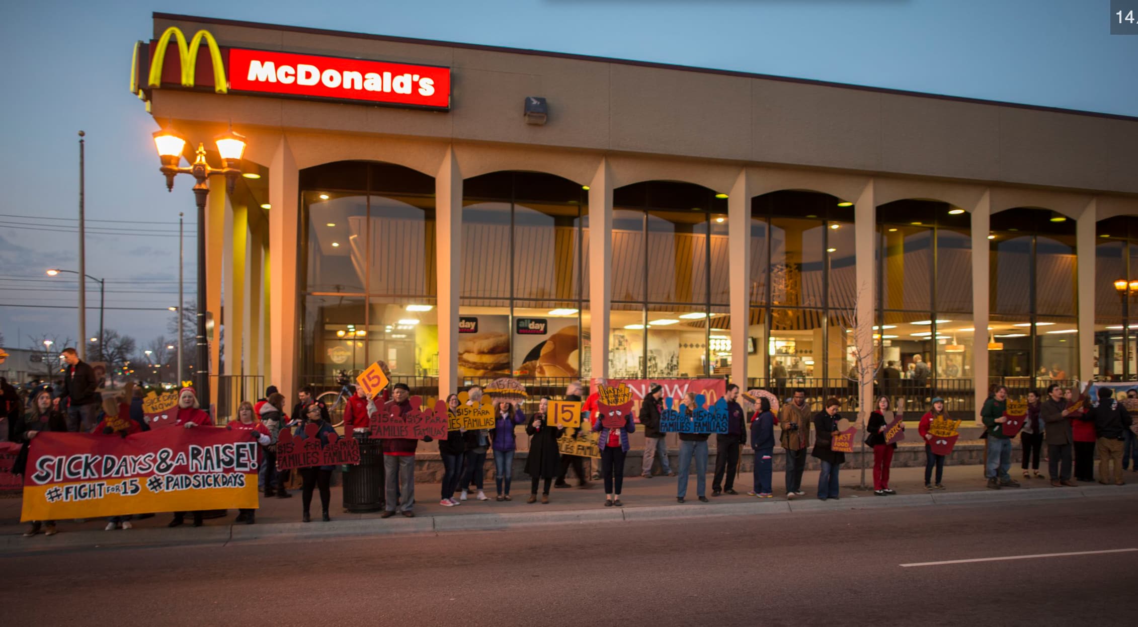 st paul mcdonald's - M McDonald's day Sick Days Now Sick Days & A Raise! For 15 Paid Sickdays $15 For Families Familias 15 $15 Para $15515 Para Es Familias Families Familias allday 15 Nw N $15for $15 Para Families Familias Fast Food Justice 14.